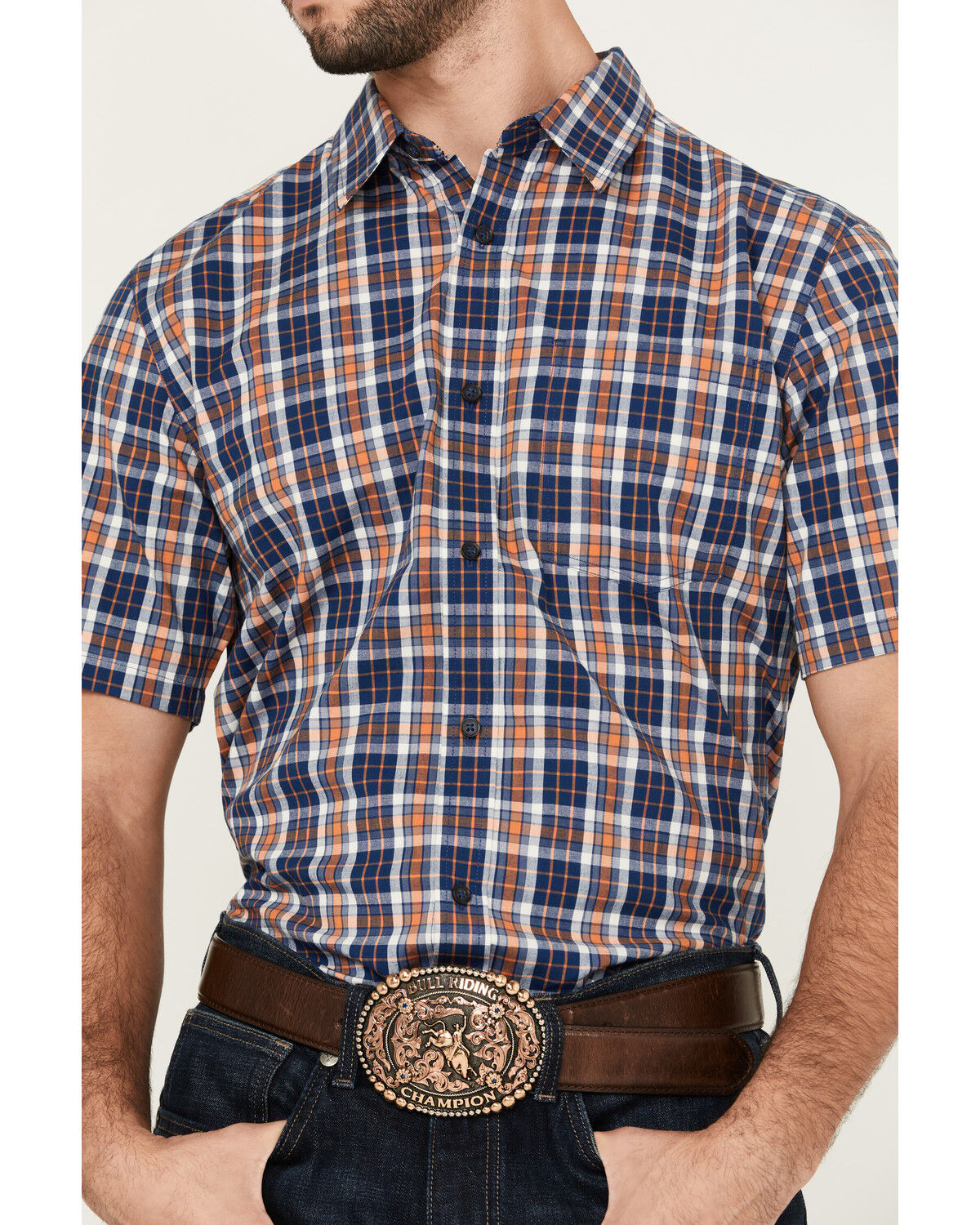 Image #3 - Cody James Men's Tequila Sunrise Plaid Print Short Sleeve Button-Down Stretch Western Shirt, Navy, hi-res