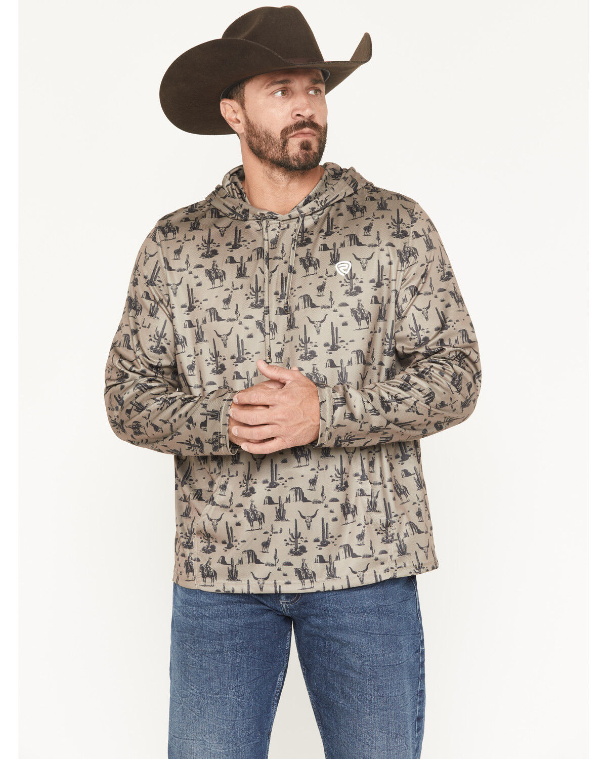 Image #1 - Rock & Roll Denim Men's Novelty Print Performance Hooded Sweatshirt, Taupe, hi-res
