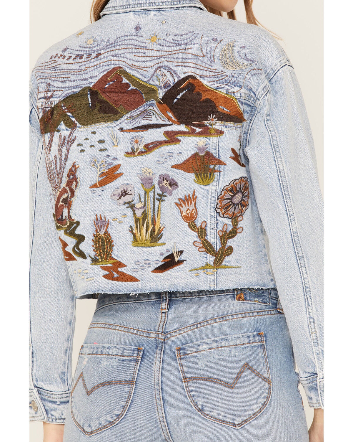 Image #1 - Cleo + Wolf Women's Light Wash Stretch Desert Scene Embroidered Cropped Denim Jacket, , hi-res