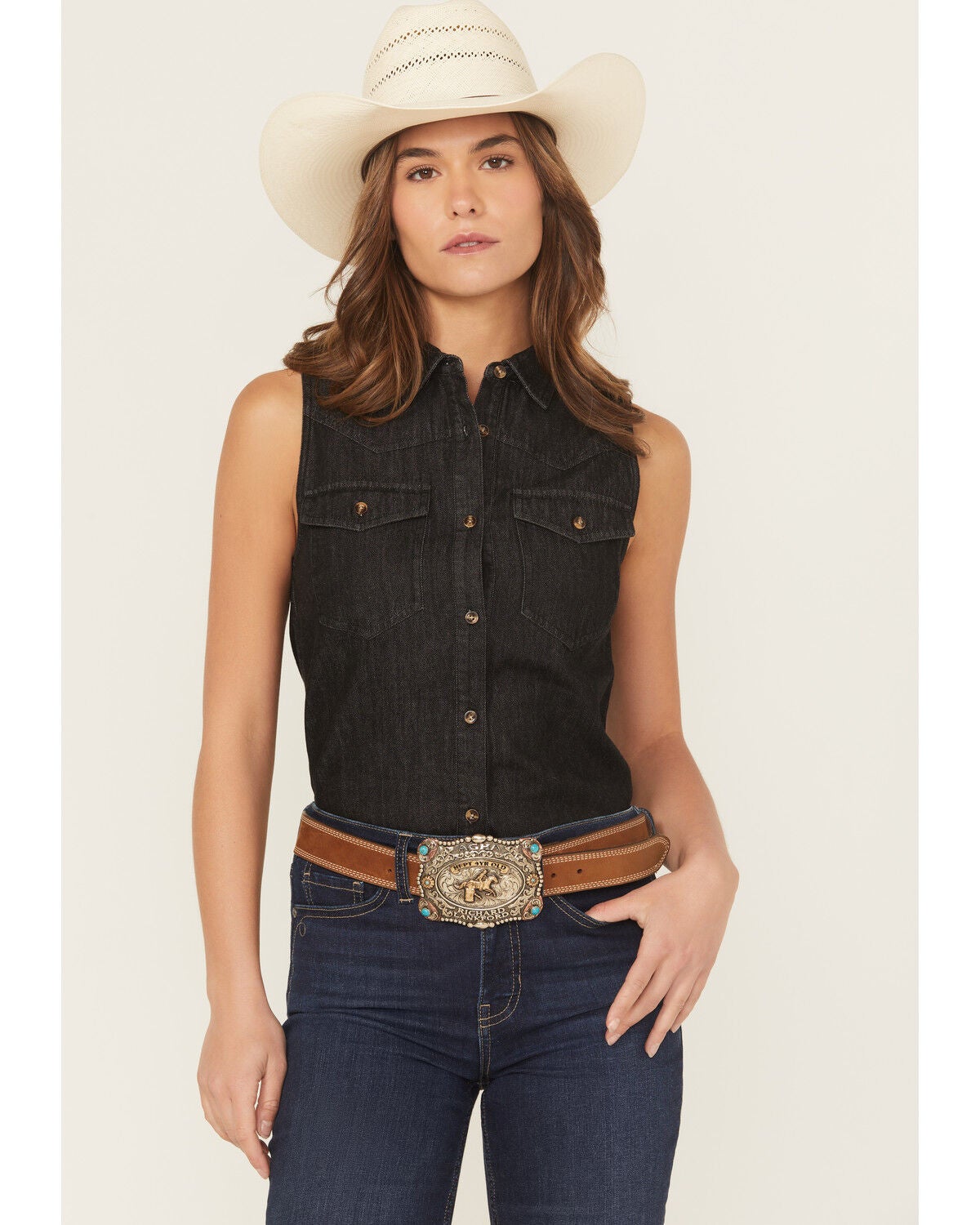 Shyanne Women's Chambray Sleeveless Button-Down Western Shirt, Black, hi-res