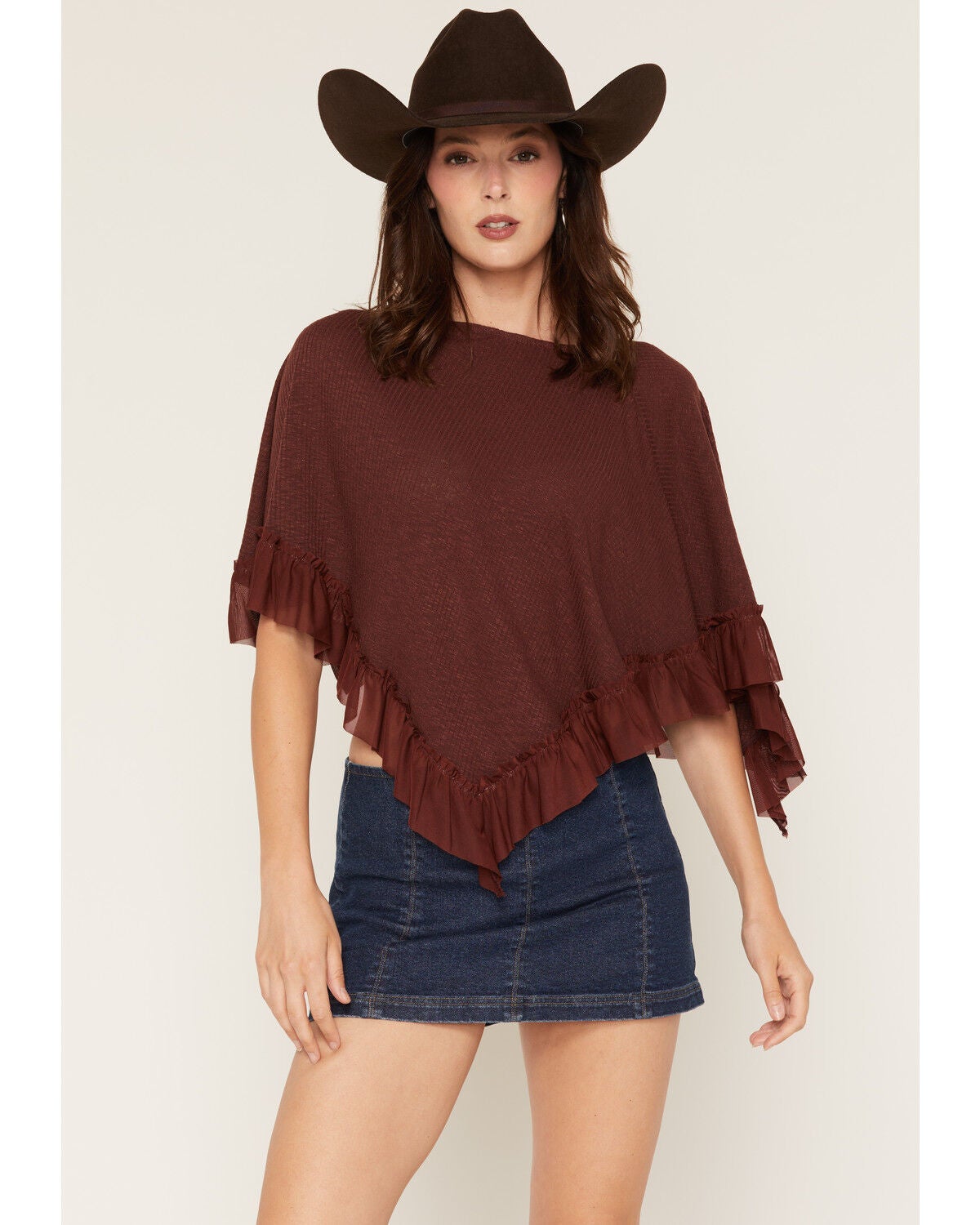 Image #1 - Wild Moss Women's Ruffle Trim Poncho, Burgundy, hi-res