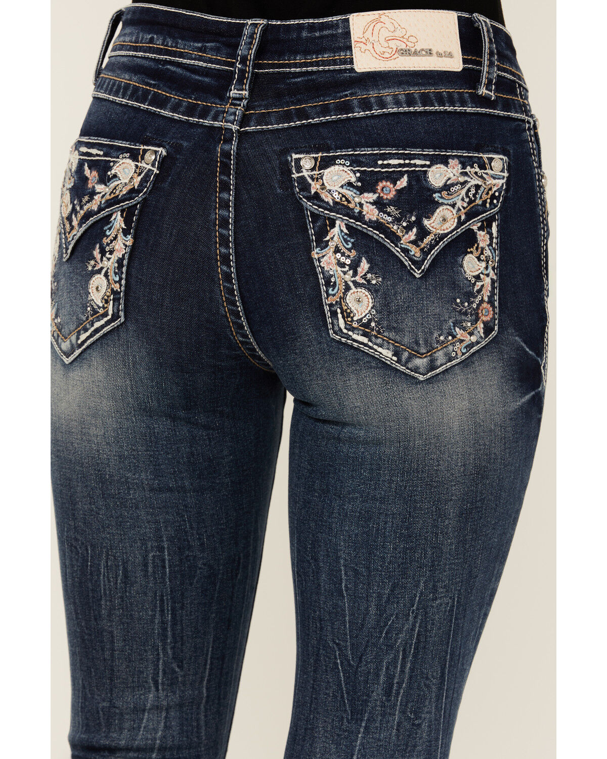 Image #2 - Grace In LA Women's Medium Wash Floral Paisley Embroidered Mid Rise Bootcut Stretch Denim Jeans, Medium Wash, hi-res