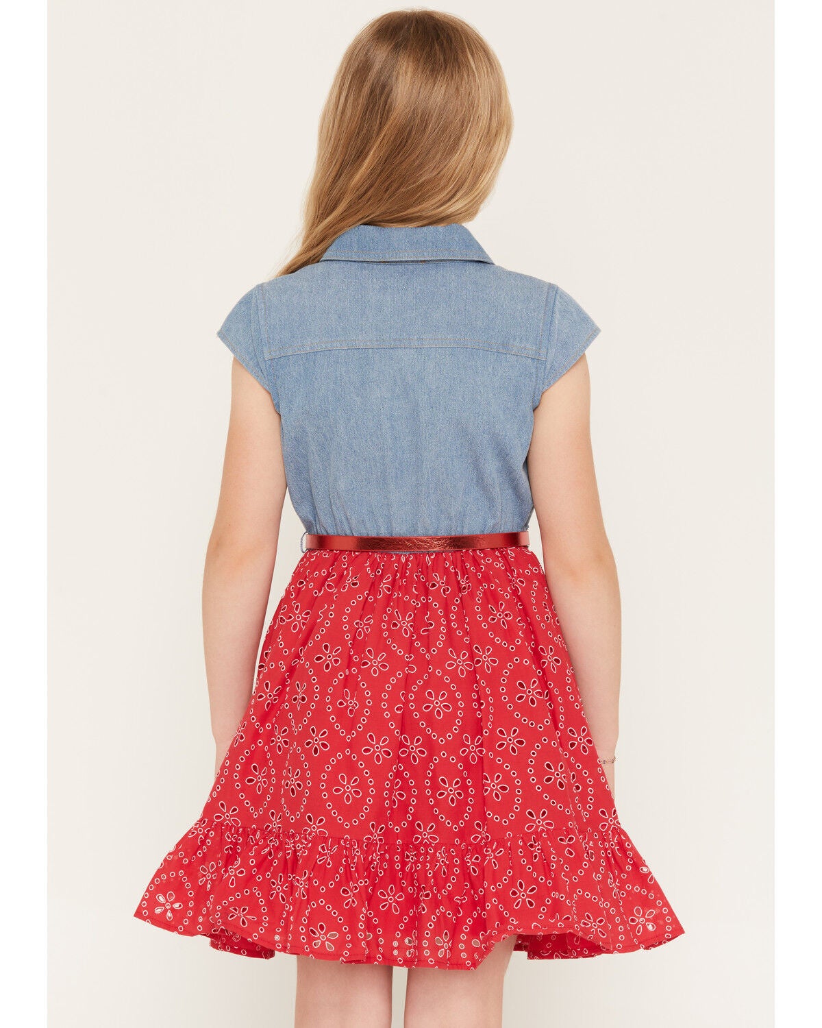 Image #4 - Sugar California Girls' Lace Denim Dress, Red, hi-res