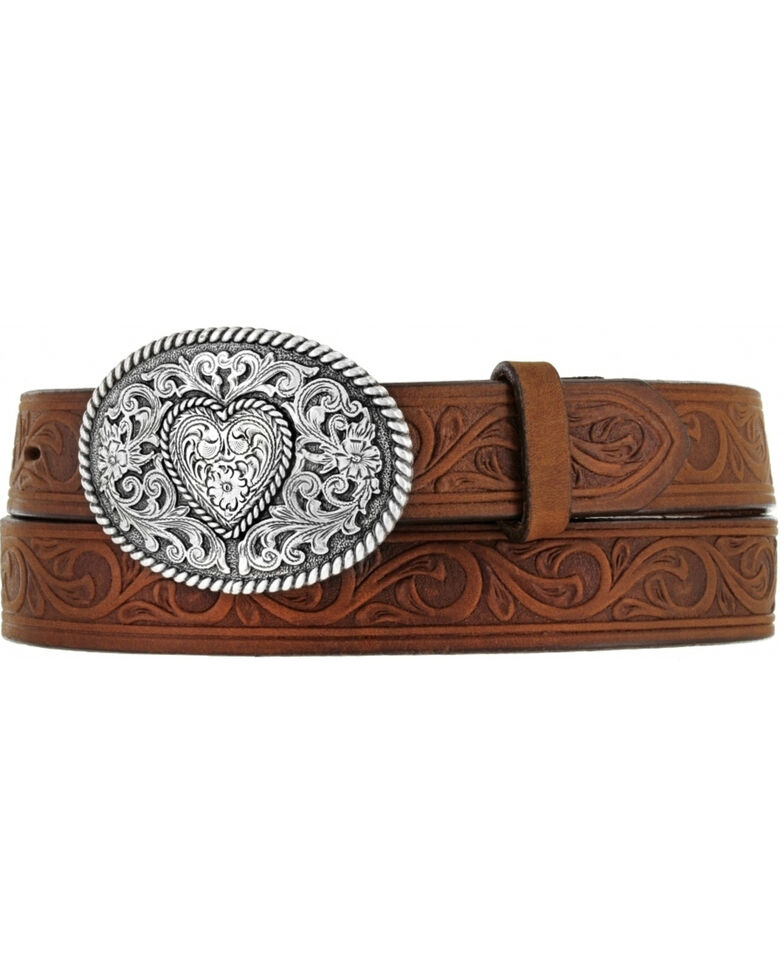 Justin Girls' Brown Trophy Heart Belt and Buckle , Aged Bark, hi-res
