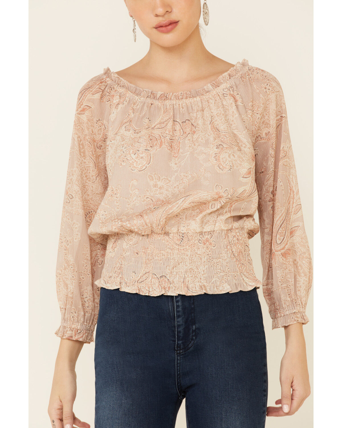 Image #3 - Mystree Women's Floral Paisley Print 3/4 Sleeve Smocked Top, Taupe, hi-res