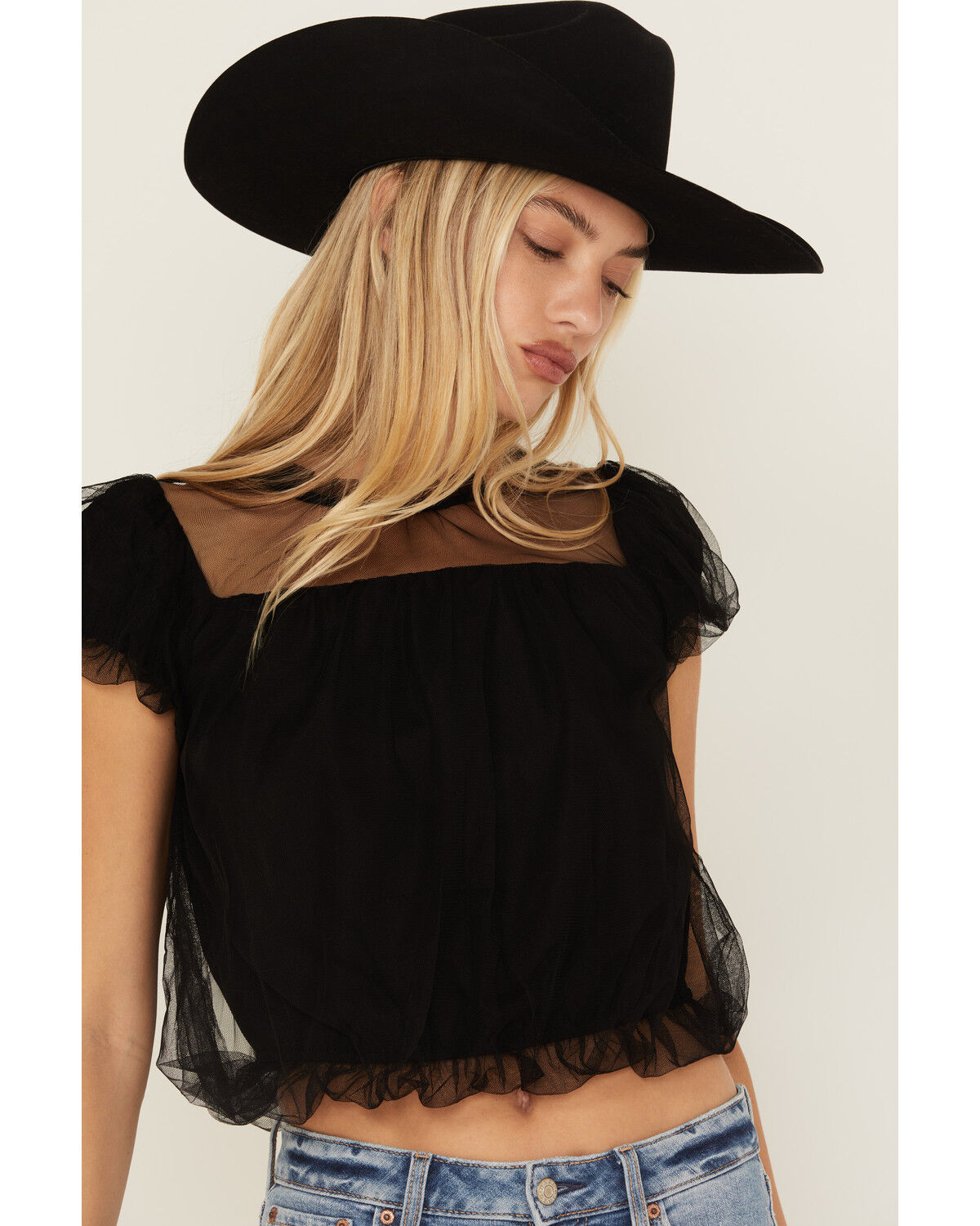 Image #2 - Very J Women's Tulle Short Sleeve Shirt, Black, hi-res