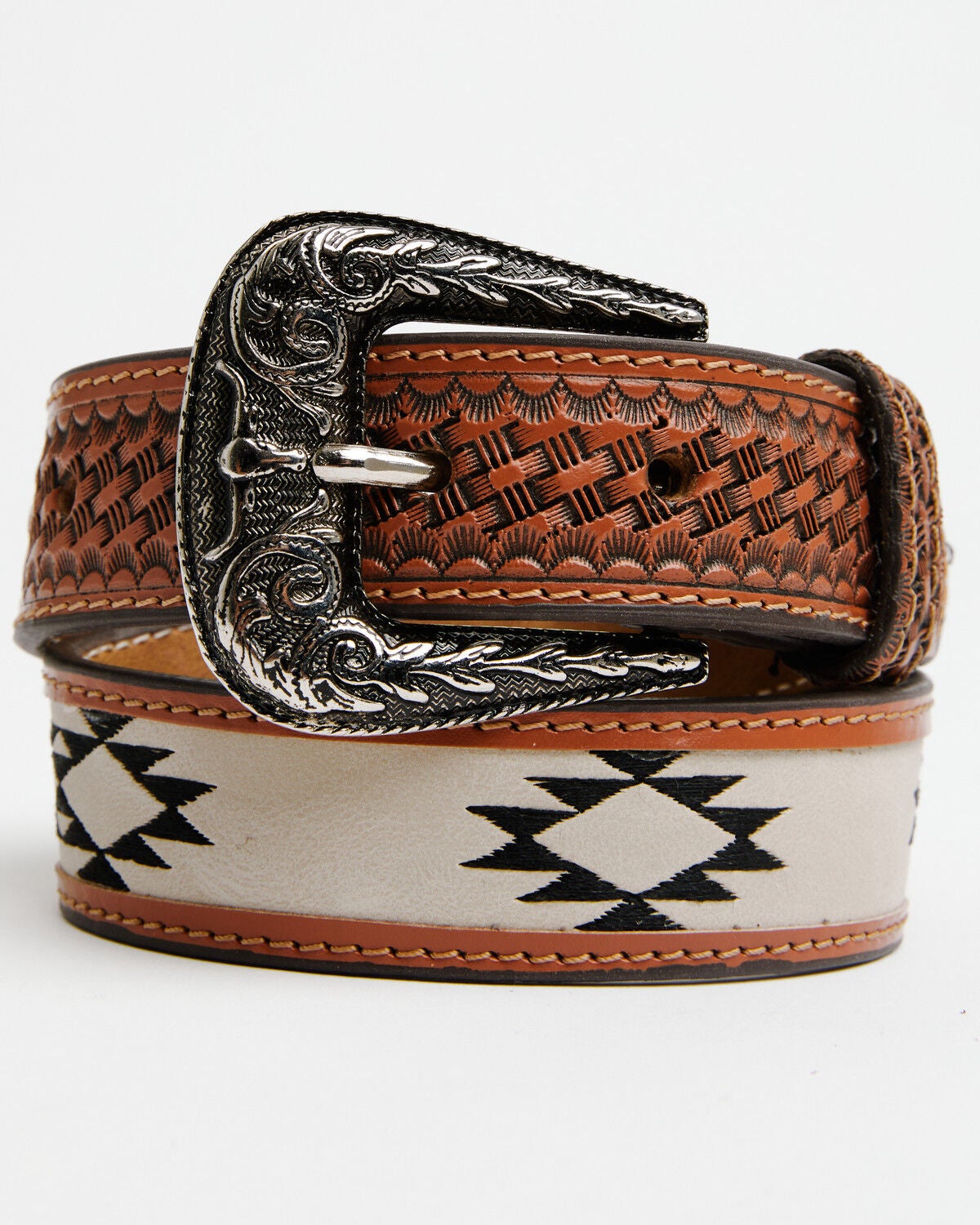 Roper Kids' Long Horn Southwestern Basket Weave Belt, Brown, hi-res