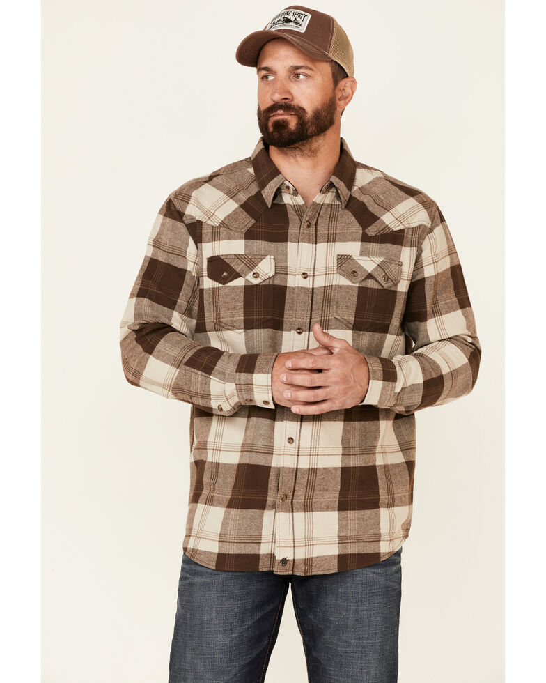 Moonshine Spirit Men's Hound Dog Large Plaid Long Sleeve Snap Western Flannel Shirt , Brown, hi-res