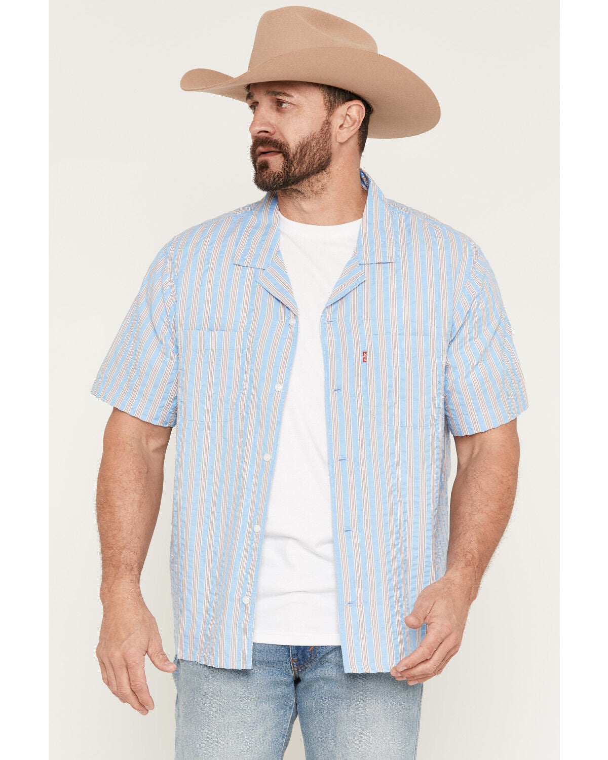 Levi's Men's Jay Classic Camper Striped Short Sleeve Button-Down Western Shirt, Blue, hi-res