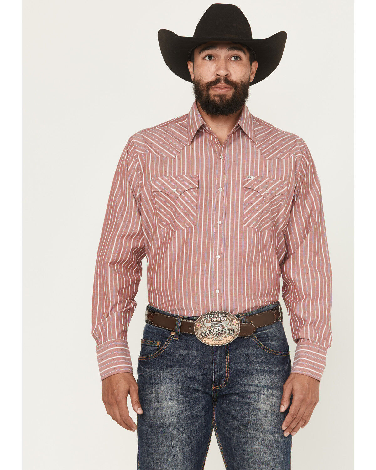 Image #1 - Ely Walker Men's Striped Long Sleeve Pearl Snap Western Shirt, Red, hi-res