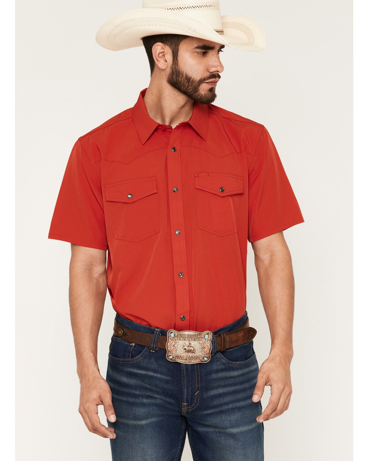 Image #1 - RANK 45&reg; Men's Ridge Solid Rodeo Tech 2.0 Short Sleeve Pearl Snap Western Shirt, Red, hi-res