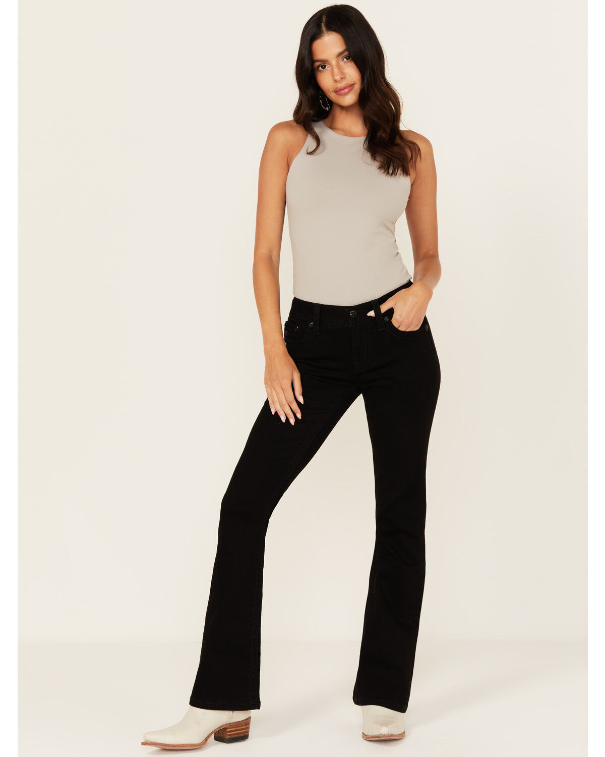 Image #3 - Miss Me Women's Mid Rise Cross Pocket 32" Bootcut Stretch Denim Jeans, Black, hi-res