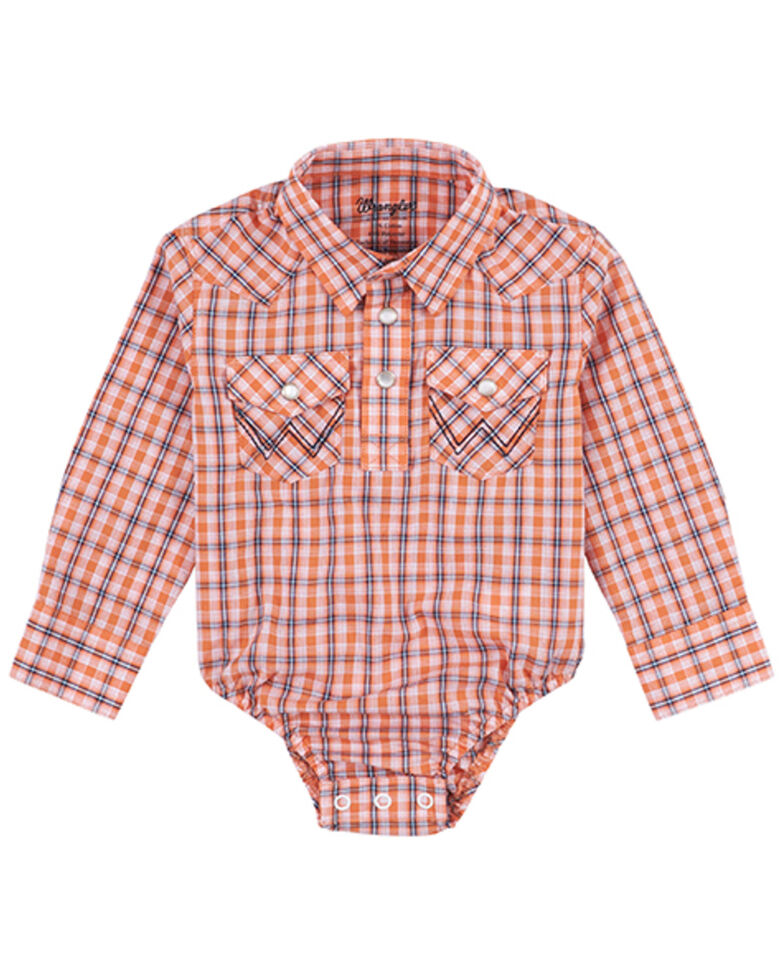 Wrangler Infant-Boys' Plaid Print Long Sleeve Snap Western Onesie, Orange, hi-res