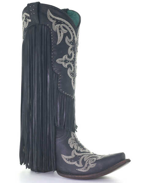 Image #1 - Corral Women's Embroidered & Studded Fringe Top Western Boots - Snip Toe, Black, hi-res