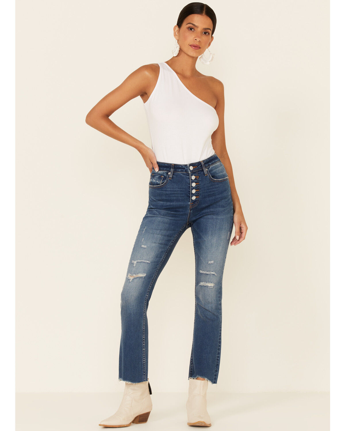 Image #1 - VIGOSS Women's High Rise Button Front Gwen Cropped Flare Jeans, Blue, hi-res