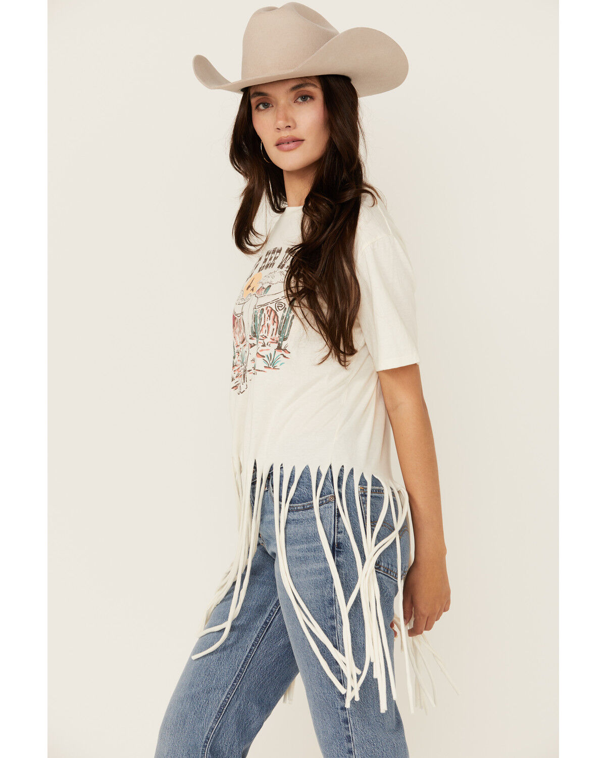 Image #2 - Rock & Roll Denim Women's Keep Her Wild Short Sleeve Fringe Graphic Tee, Cream, hi-res