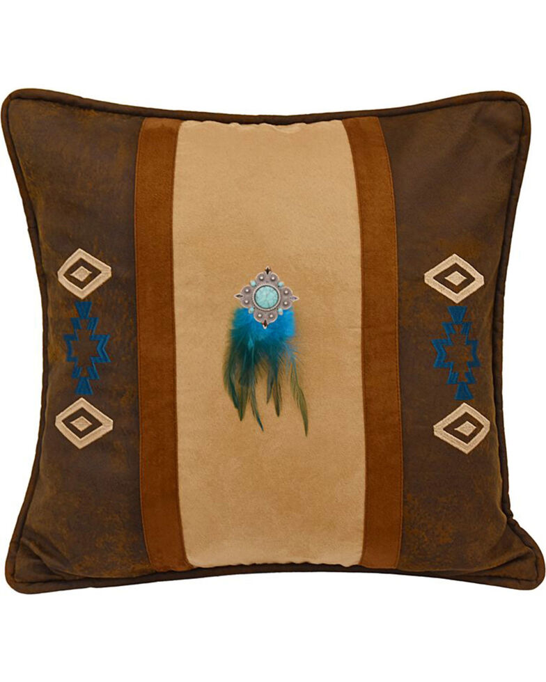 HiEnd Accents Southwest Embroidered Faux Suede Pillow With Feathers, Brown, hi-res