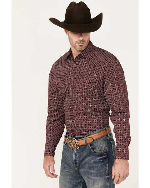 Image #2 - Rodeo Clothing Men's Geo Print Long Sleeve Snap Western Shirt, Burgundy, hi-res