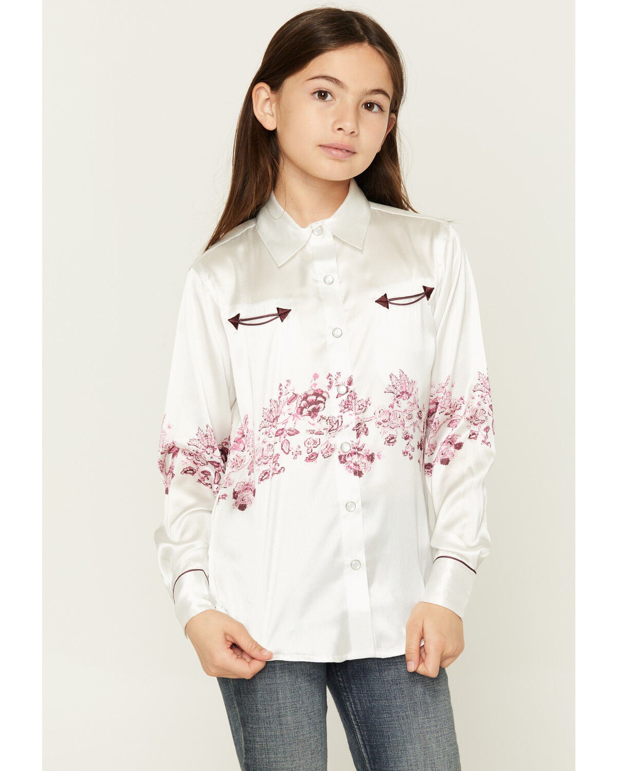 Image #1 - Cowgirl Hardware Girls' Wild Flower Long Sleeve Pearl Snap Western Shirt, White, hi-res