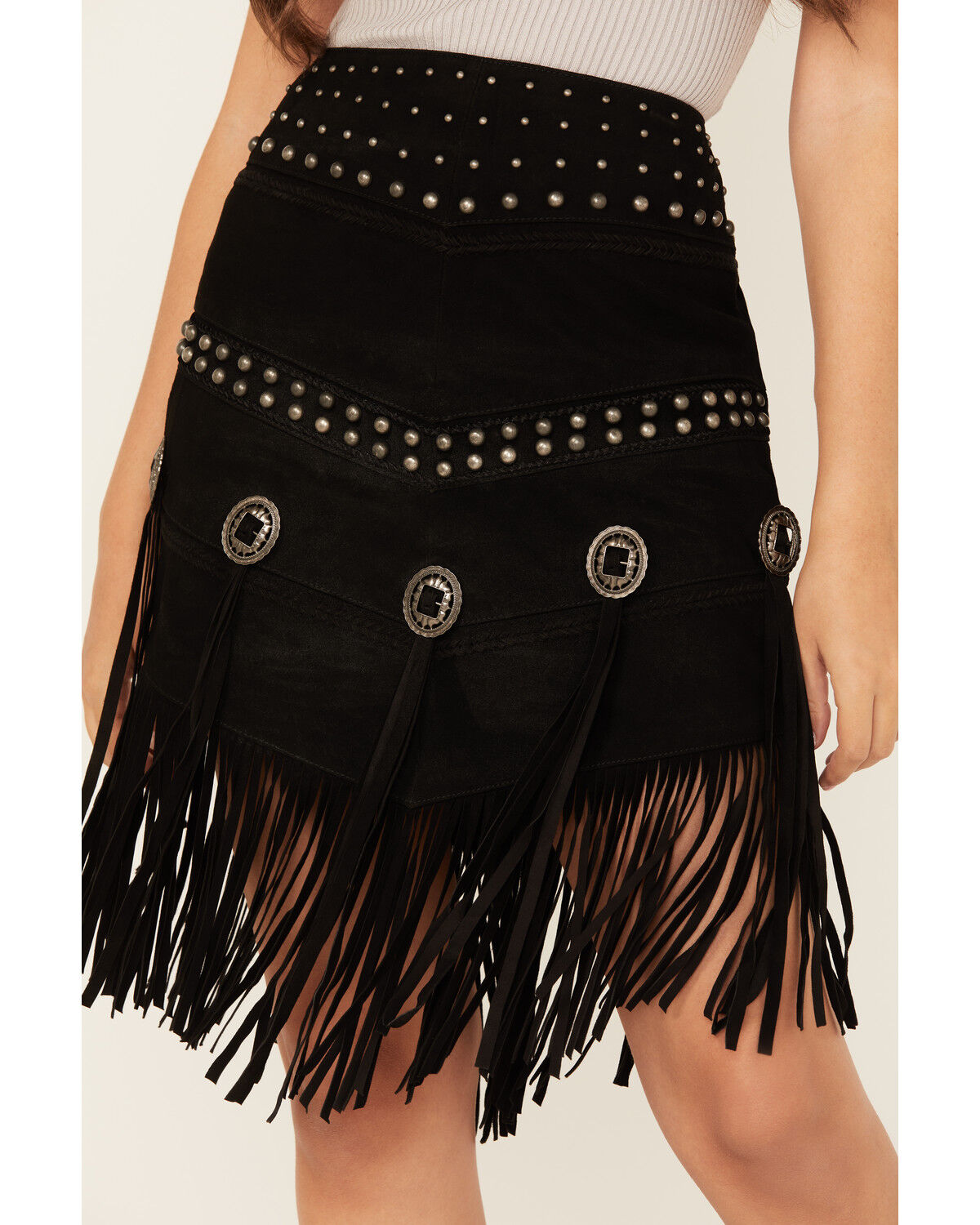 Image #2 - Scully Women's Fringe Concho Studded Suede Skirt, Black, hi-res