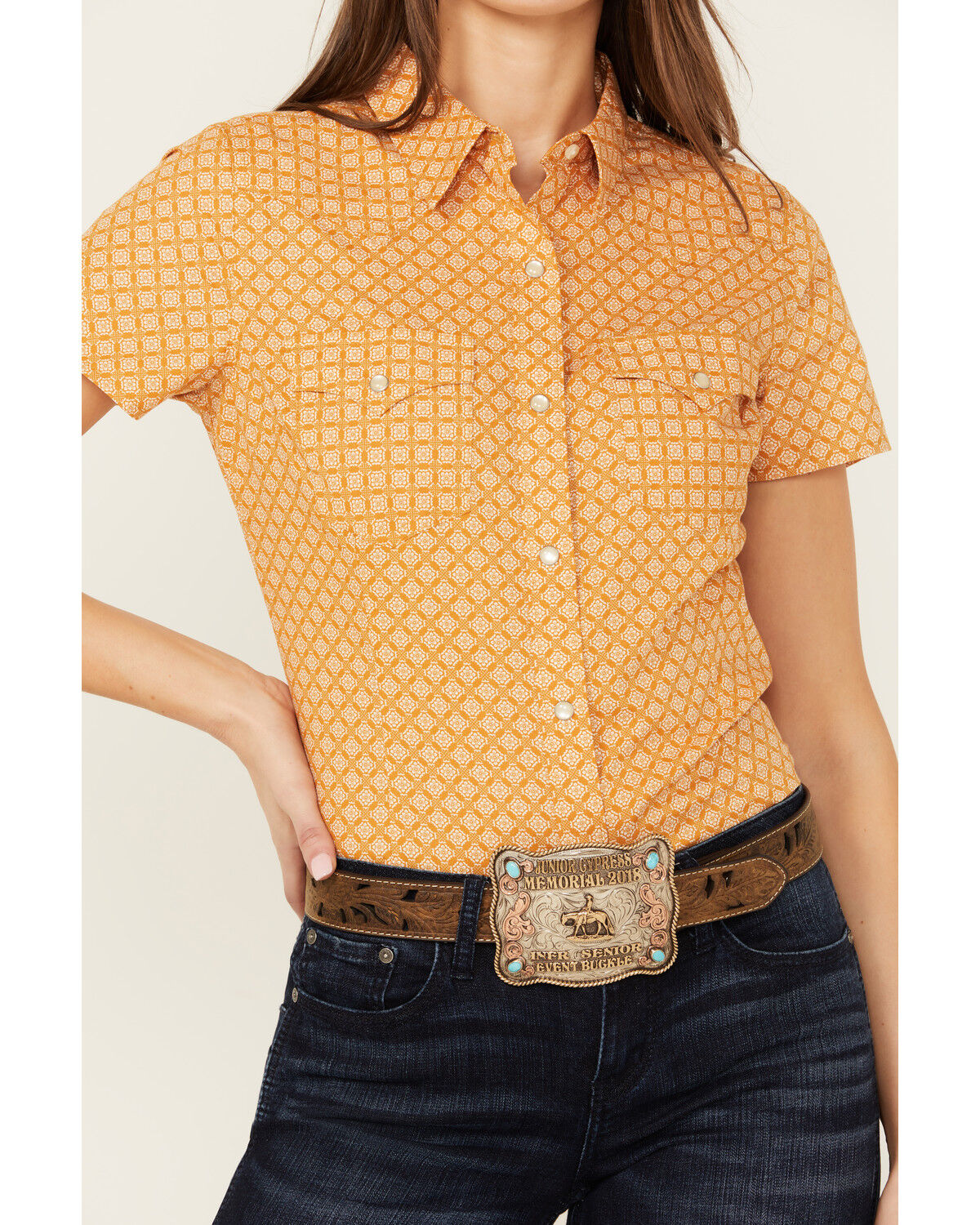 Image #3 - Wrangler Retro Women's Geo Print Short Sleeve Western Shirt, Rust Copper, hi-res