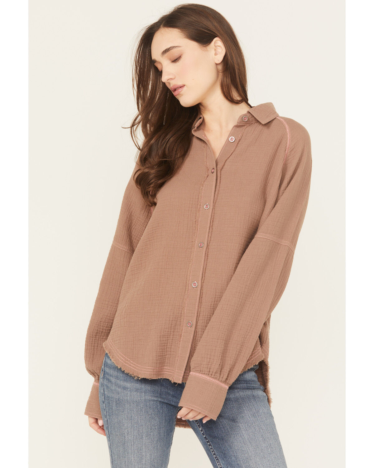 Image #1 - Cleo + Wolf Women's Oversized Long Sleeve Button-Down Gauze Western Shirt, Taupe, hi-res