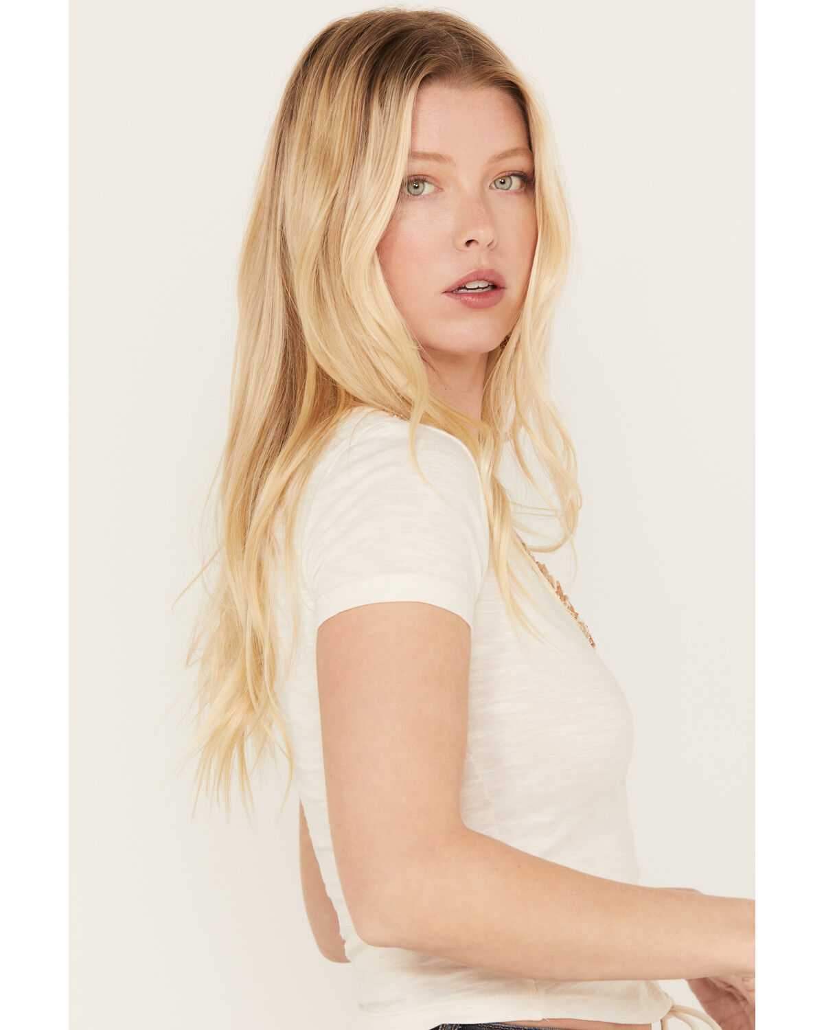 Image #2 - Shyanne Women's Beaded Short Sleeve Front Tie Shirt, Cream, hi-res