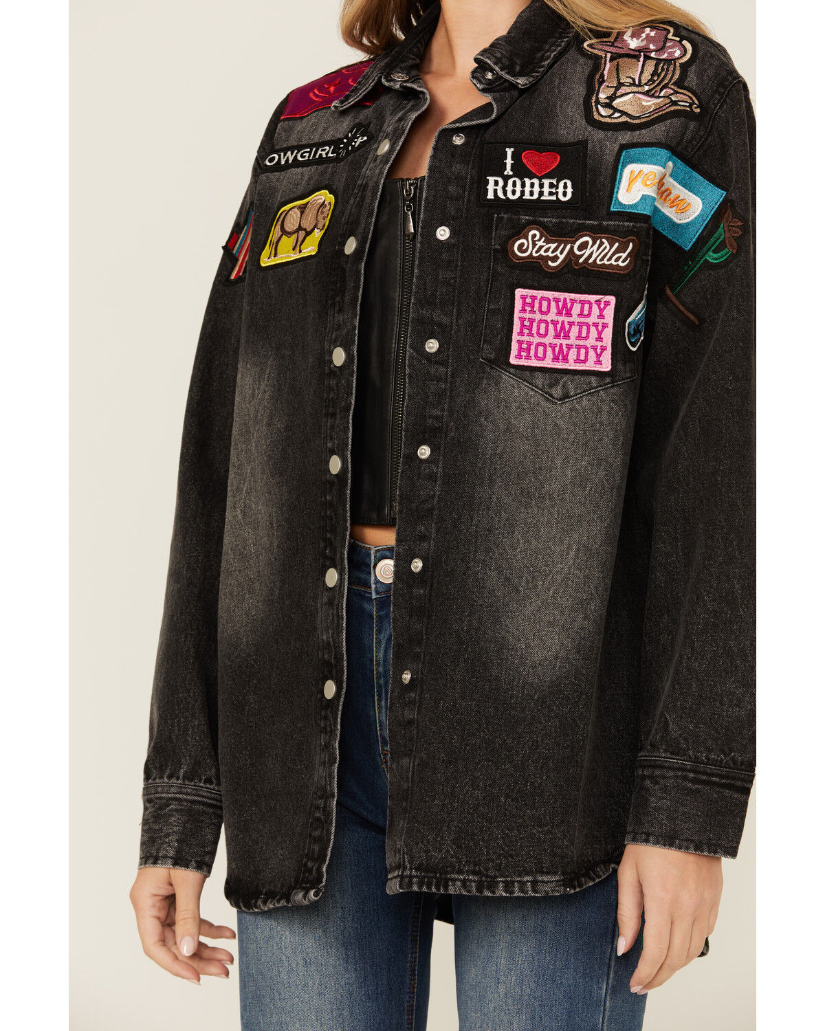 Image #3 - Blue B Women's Dark Wash Western Patchwork Snap Shacket, Charcoal, hi-res