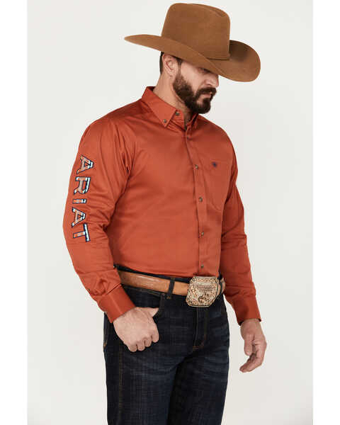 Image #1 - Ariat Men's Team Embroidered Logo Twill Classic Fit Long Sleeve Button Down Western Shirt - Tall, Dark Orange, hi-res
