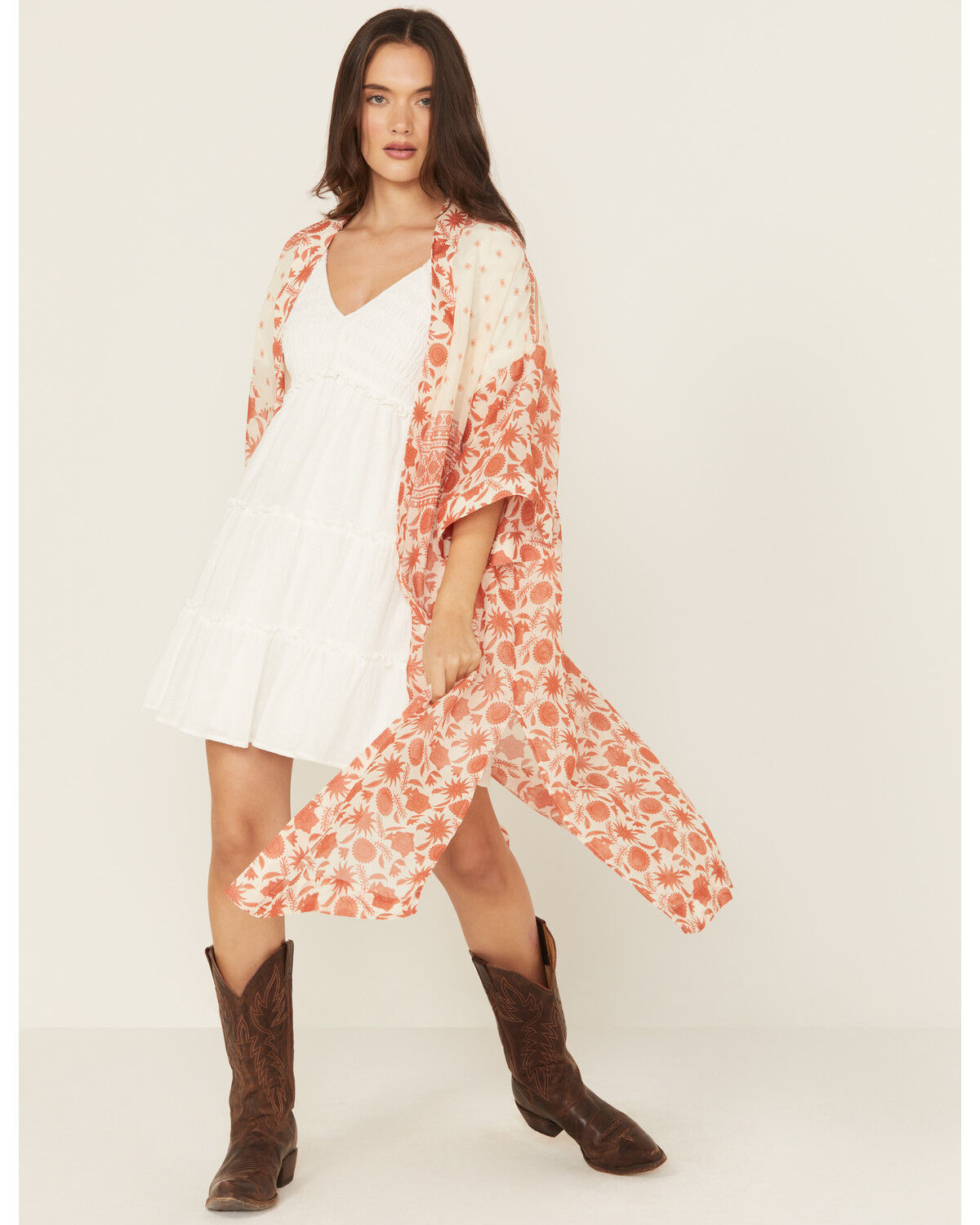 Image #1 - Ariat Women's Floral Print Kimono, Brown, hi-res