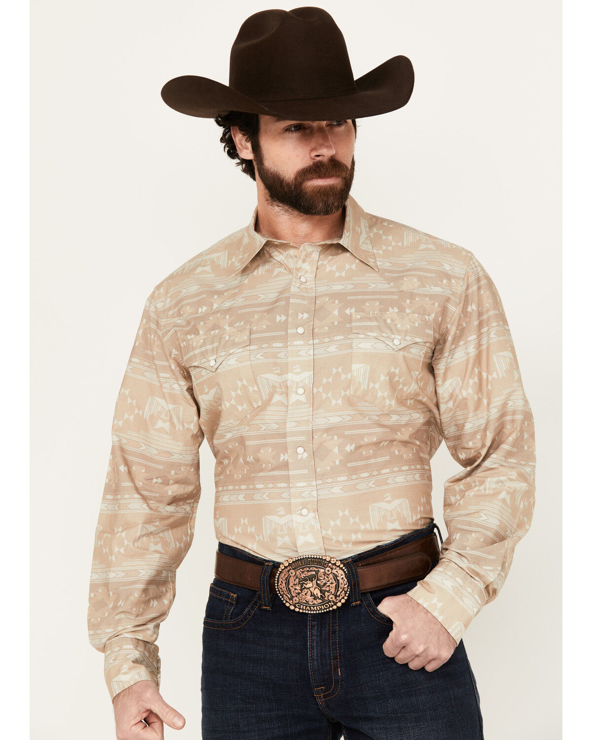 Image #1 - Roper Men's West Made Southwestern Print Long Sleeve Pearl Snap Western Shirt, Tan, hi-res