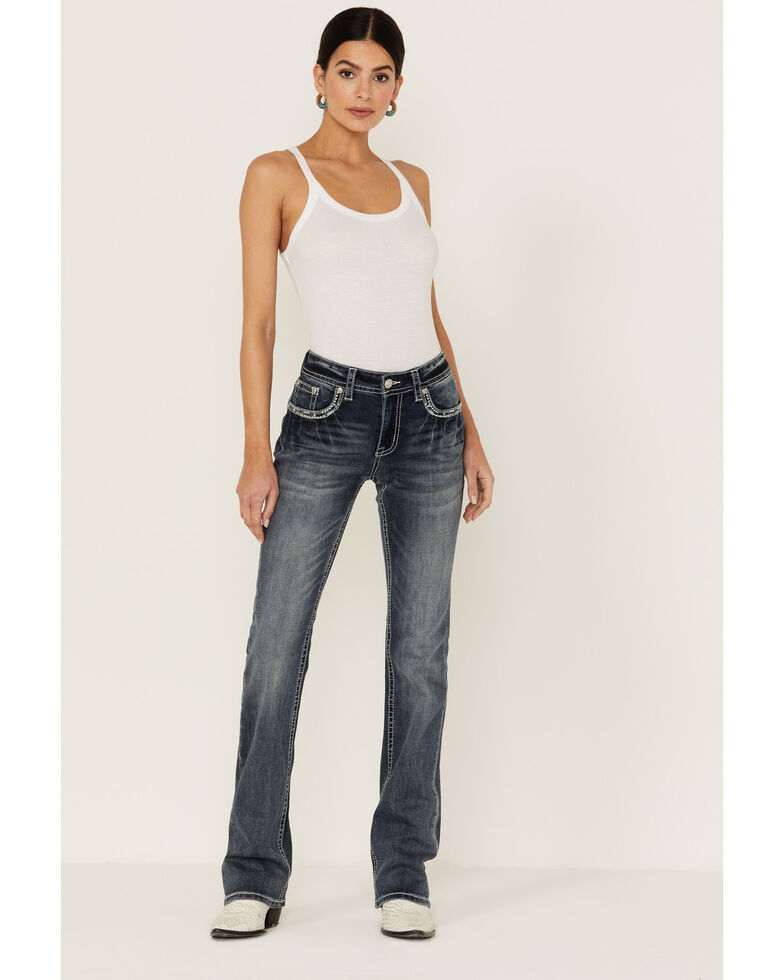 Grace in LA Women's Steer Head Embellished Pocket Bootcut Jeans, Blue, hi-res