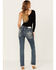 Grace in LA Women's Medium Wash Mid Rise Floral Fleur de Lis Pocket Stretch Bootcut Jeans , Medium Wash, hi-res