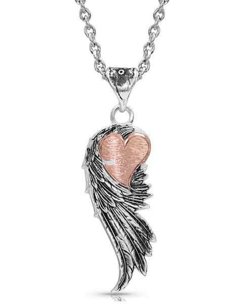 Image #1 - Montana Silversmiths Women's Rose Gold Heart Strings Feather Necklace, Silver, hi-res