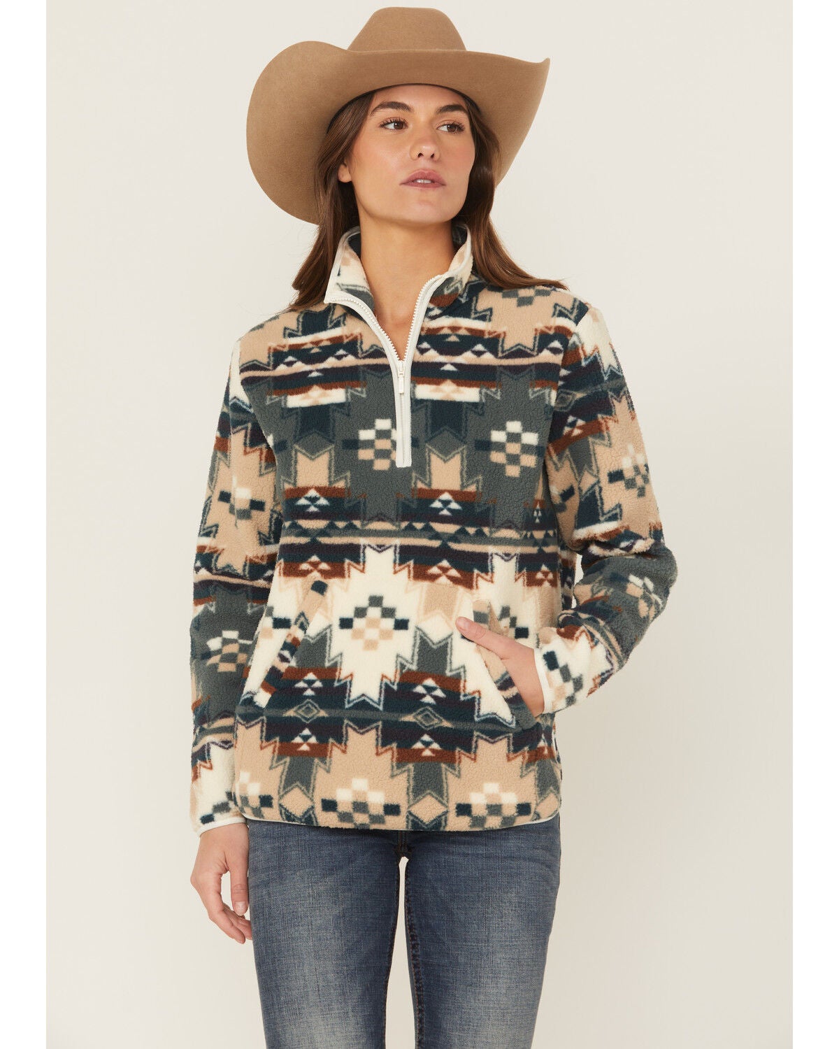 Wrangler Retro Women's Southwestern Print Sherpa Zip Pullover, Blue, hi-res