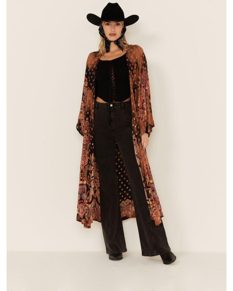 Angie Women's Black Print & Bleach Tie Dye Kimono, Black, hi-res