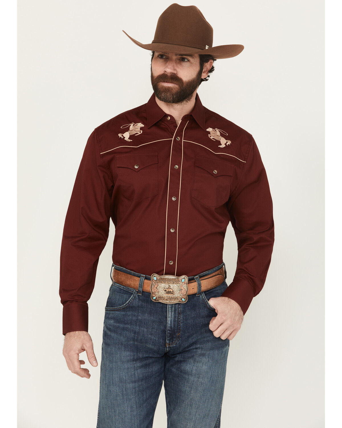 Image #1 - Rodeo Clothing Men's Embroidered Long Sleeve Snap Western Shirt, Burgundy, hi-res