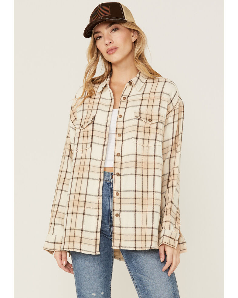 Cleo + Wolf Women's Breezy Sprint Taupe Plaid Long Sleeve Shirt, Taupe, hi-res