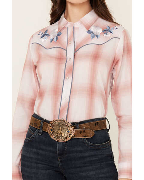 Image #3 - Ely Walker Women's Floral Embroidered Plaid Print Long Sleeve Pearl Snap Western Shirt, Rust Copper, hi-res