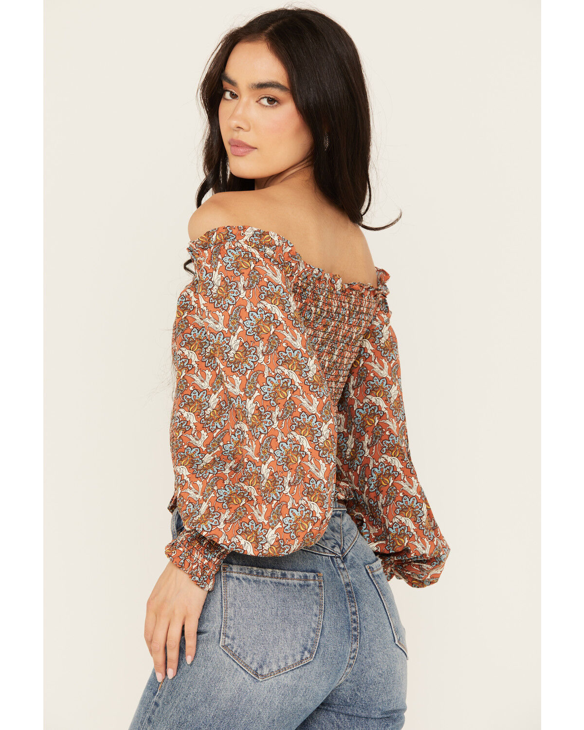 Image #2 - Rock & Roll Denim Women's Smocked Off The Shoulder Long Sleeve Top, Multi, hi-res