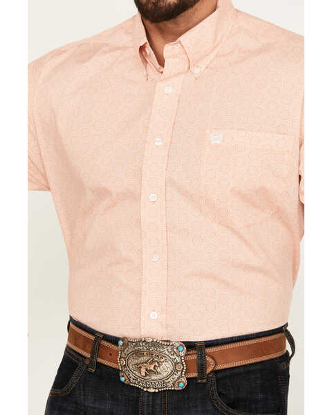 Cinch Men's Geo Print Short Sleeve Button Down Western Shirt, Orange, hi-res
