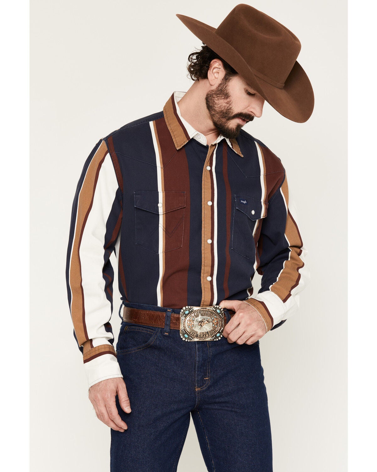 Wrangler Men's Vintage Brushpopper Striped Print Long Sleeve Snap Western Shirt, Navy, hi-res