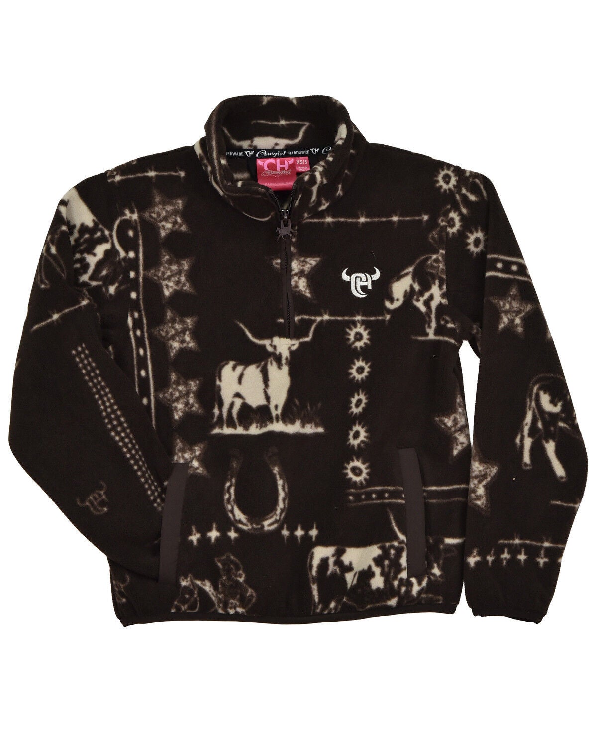 Cowgirl Hardware Girls' Western Icon Polar Fleece Pullover, Brown, hi-res