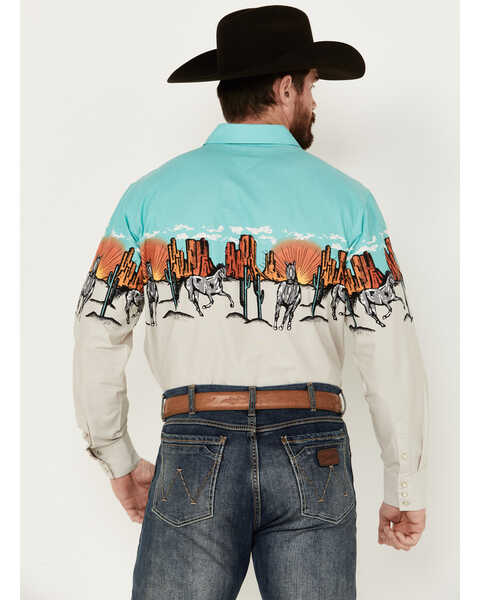 Image #4 - Panhandle Men's Desert Border Long Sleeve Pearl Snap Western Shirt , Turquoise, hi-res