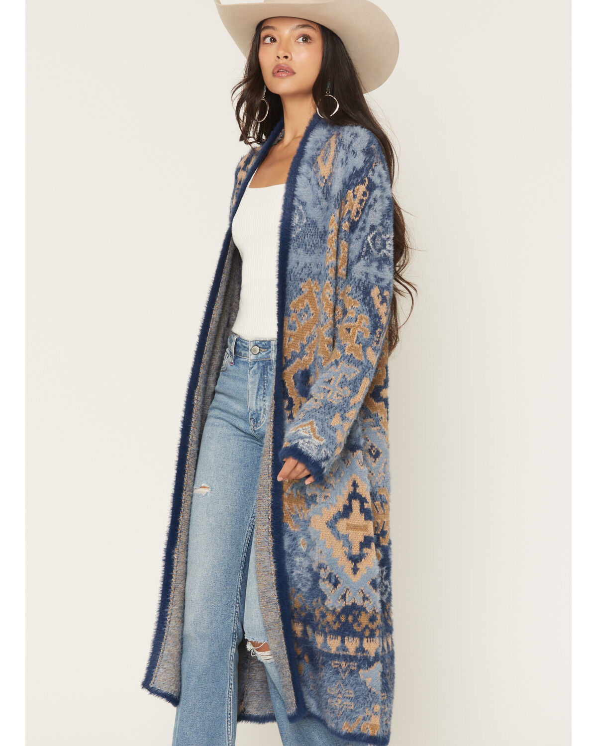 Image #2 - Shyanne Women's Southwestern Print Eyelash Yarn Duster, Navy, hi-res