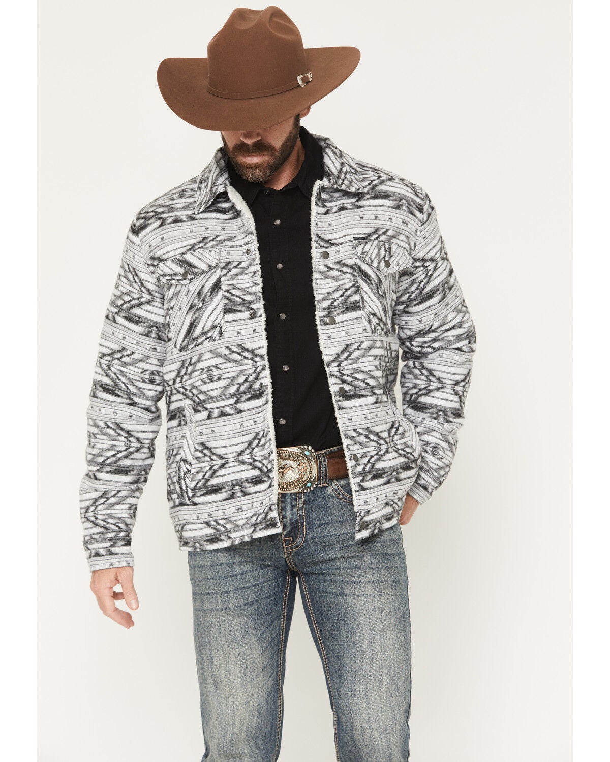 Image #1 - Rock & Roll Denim Men's Southwestern Print Berber Lined Shirt Jacket, Grey, hi-res