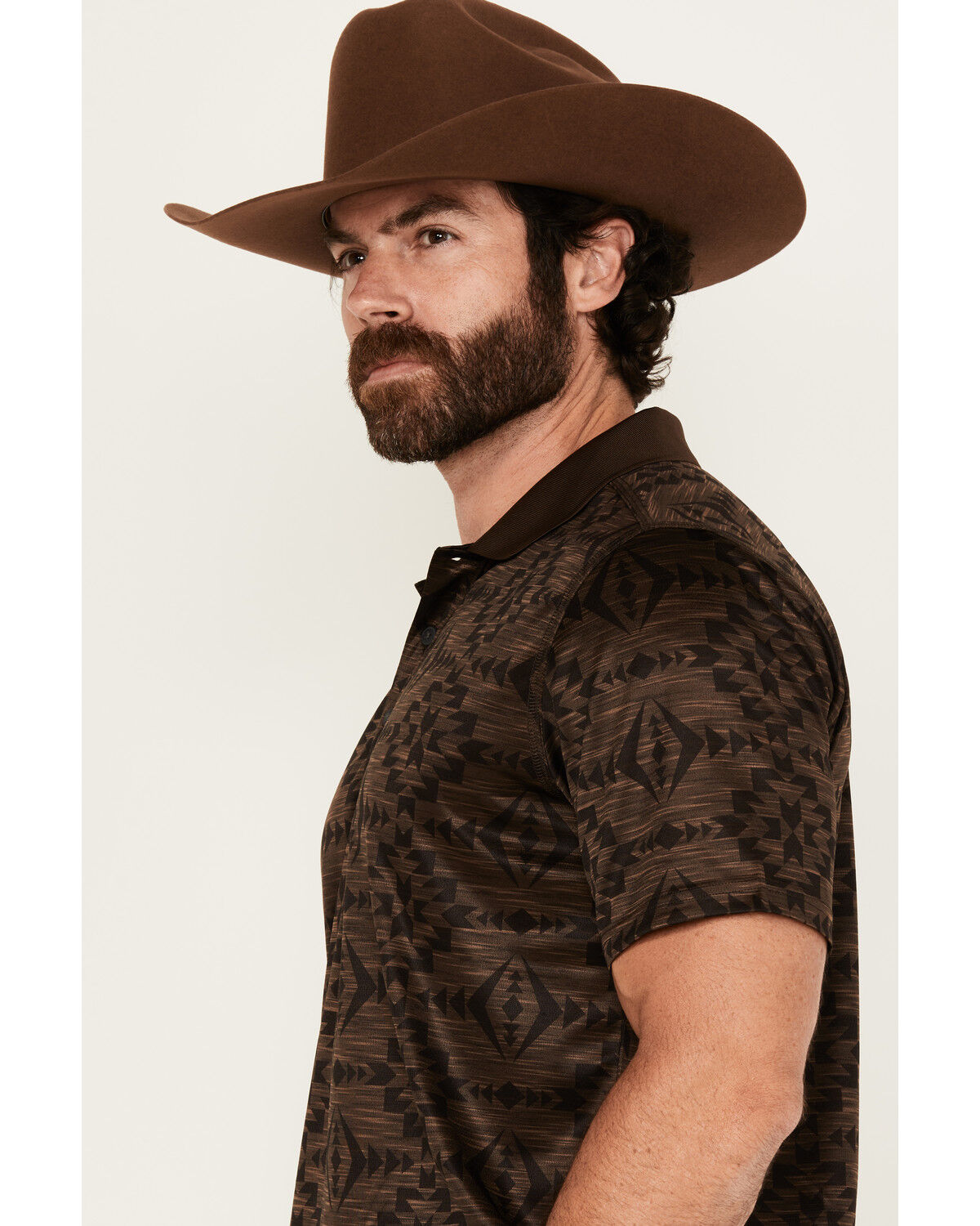 Image #2 - RANK 45® Men's Tonal Southwestern Print Short Sleeve Button-Down Polo Shirt, Coffee, hi-res