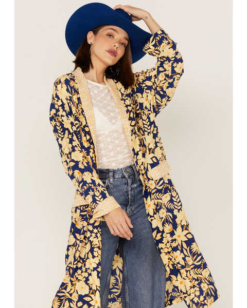 Image #2 - Free People Women's Wild Nights Floral Print Long Sleeve Kimono Duster, Blue, hi-res