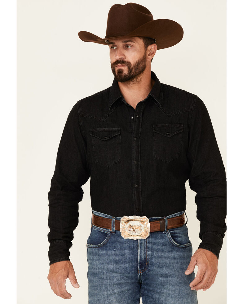 Stetson Men's Solid Black Denim Long Sleeve Snap Western Shirt , Navy, hi-res