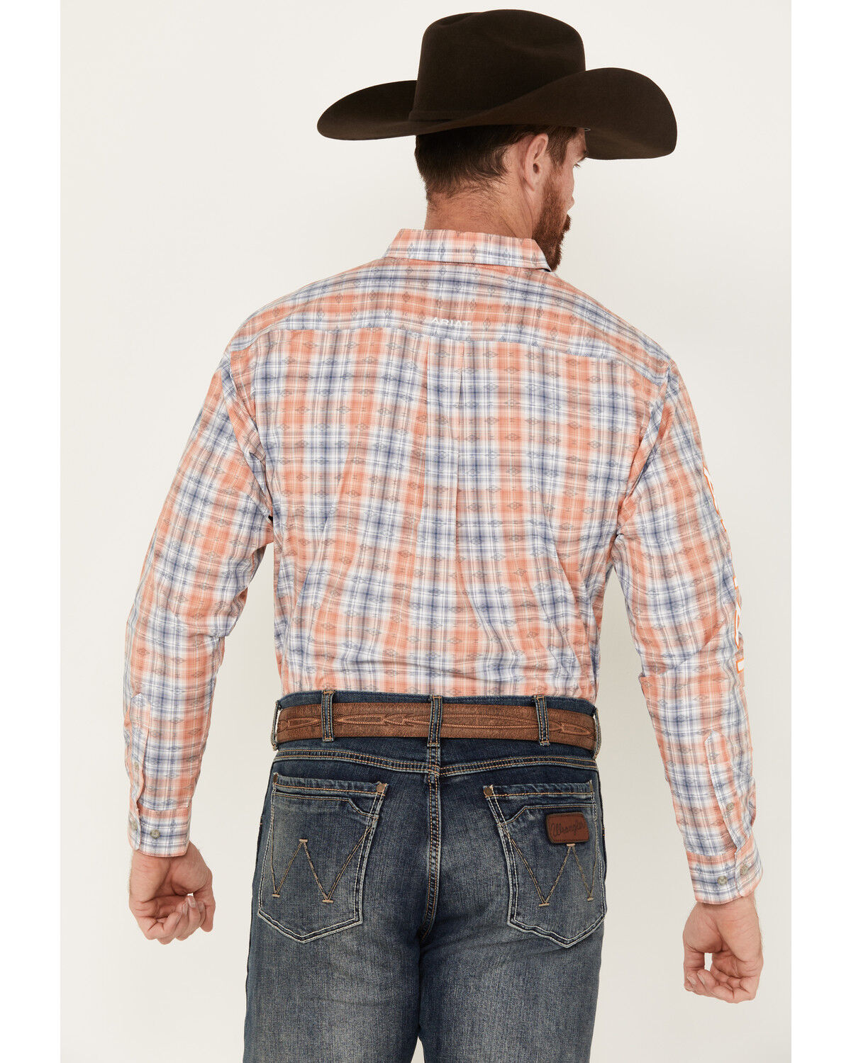 Image #4 - Ariat Men's Team Damion Southwestern Plaid Print Long Sleeve Button-Down Western Shirt, Peach, hi-res